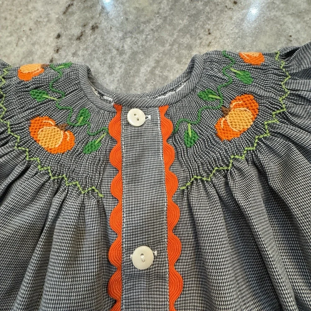 Remember Nguyen Smocked Pumpkin Gingham Set Top Flare Pants Girls 12 M Harvest